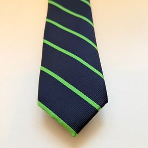 BDG Mens Skinny Necktie Navy Blue Lime Green Diagonal Striped Slim Tie 2.25 Wide
